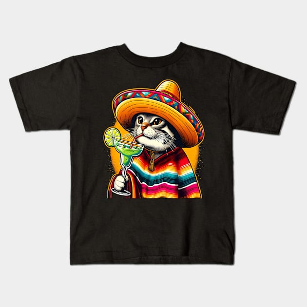 Cat Drinking Margarita Mexican Poncho Cat Lover Kids T-Shirt by justingreen